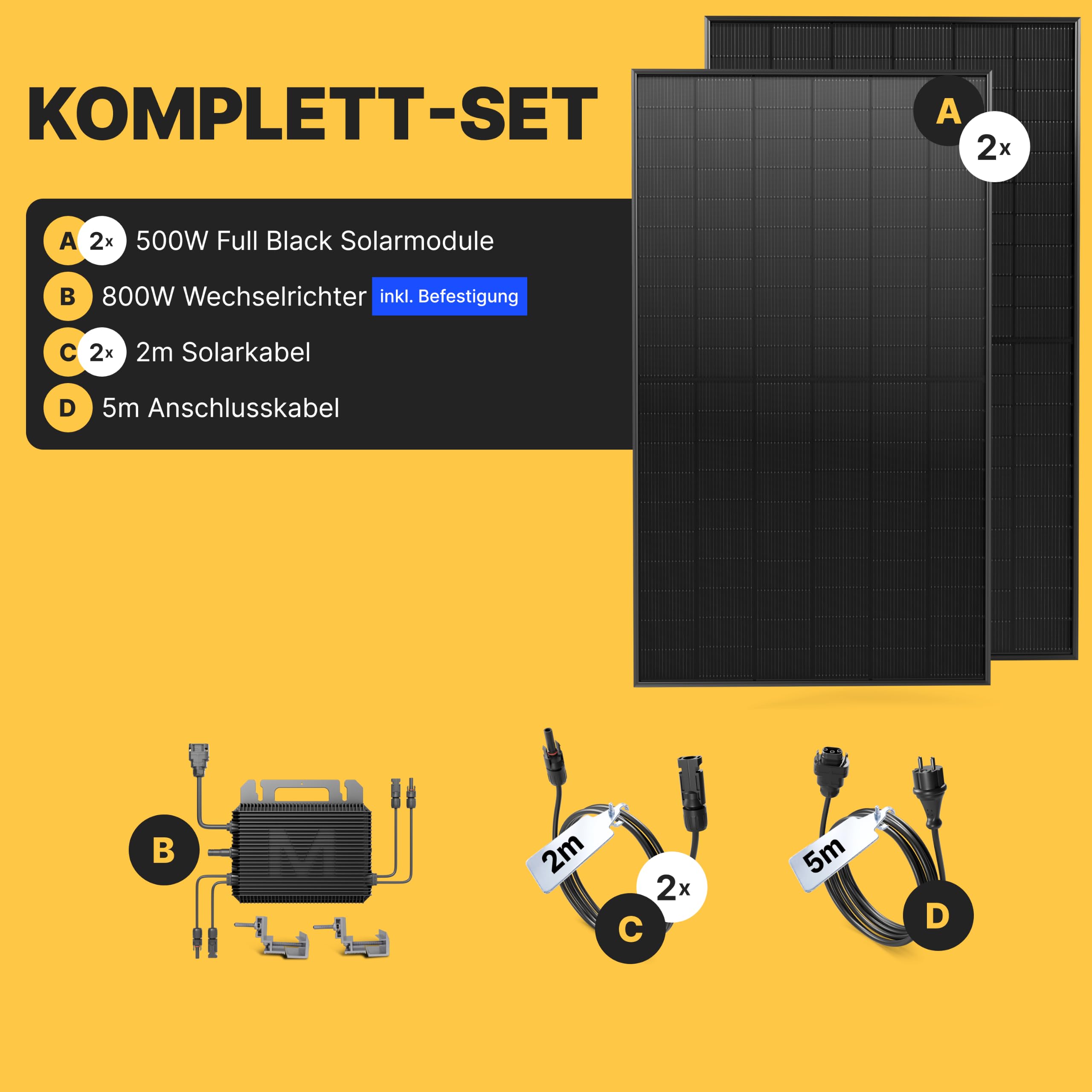 Solakon 1000W Balkonkraftwerk - Balkonkraftwerk 800W komplett Steckdose - neuester 800 Watt Wechselrichter - Solaranlage Komplettset, 500W bifaziale Solarmodule inkl Zubehör - 5m Kabel, Ohne Halterung 4