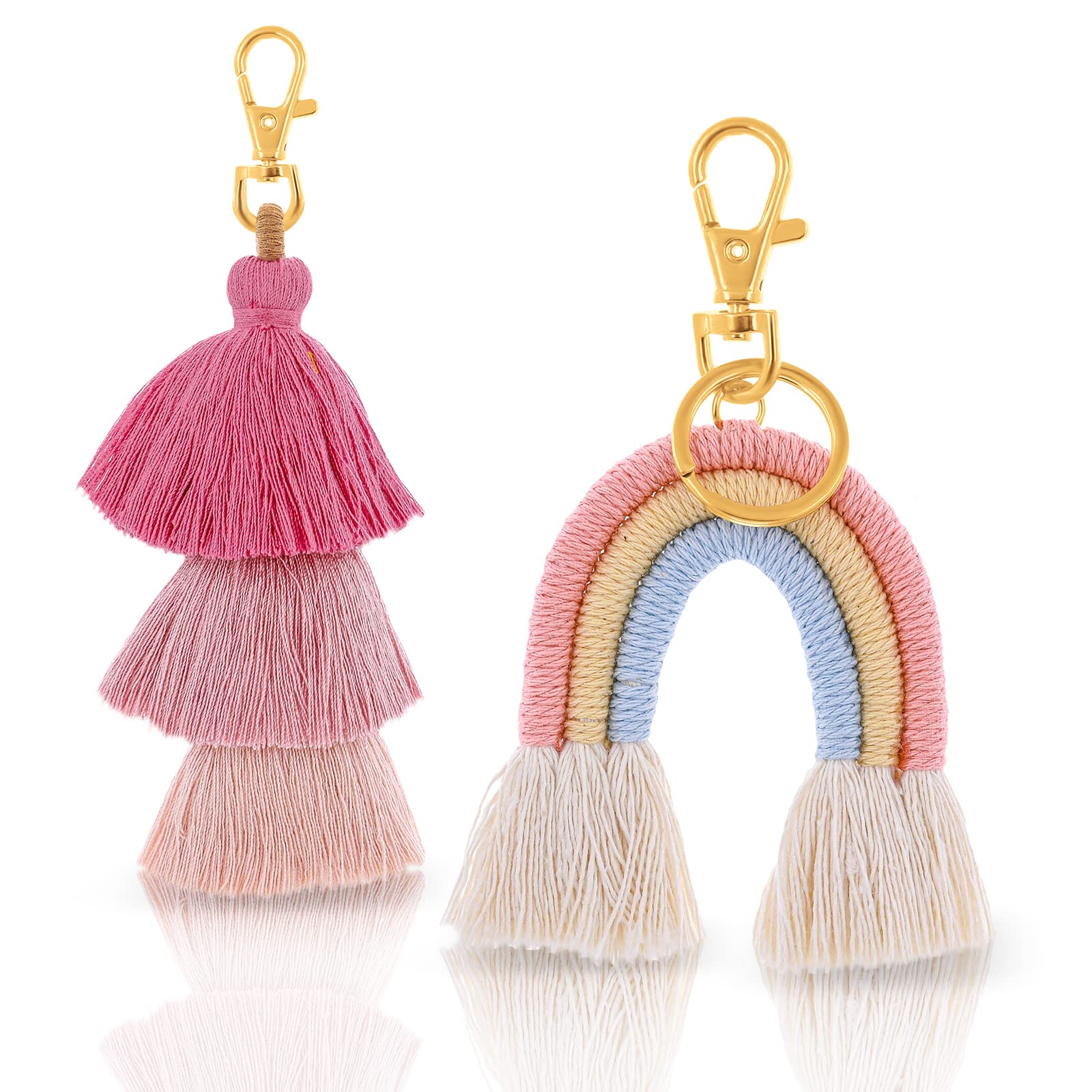 Abeillo 2 Pieces Boho Rainbow Keychains Pom Pom Tassel Bag Charm Macrame Weaving Keychain Keyrings for Women Girls (Fresh Color)