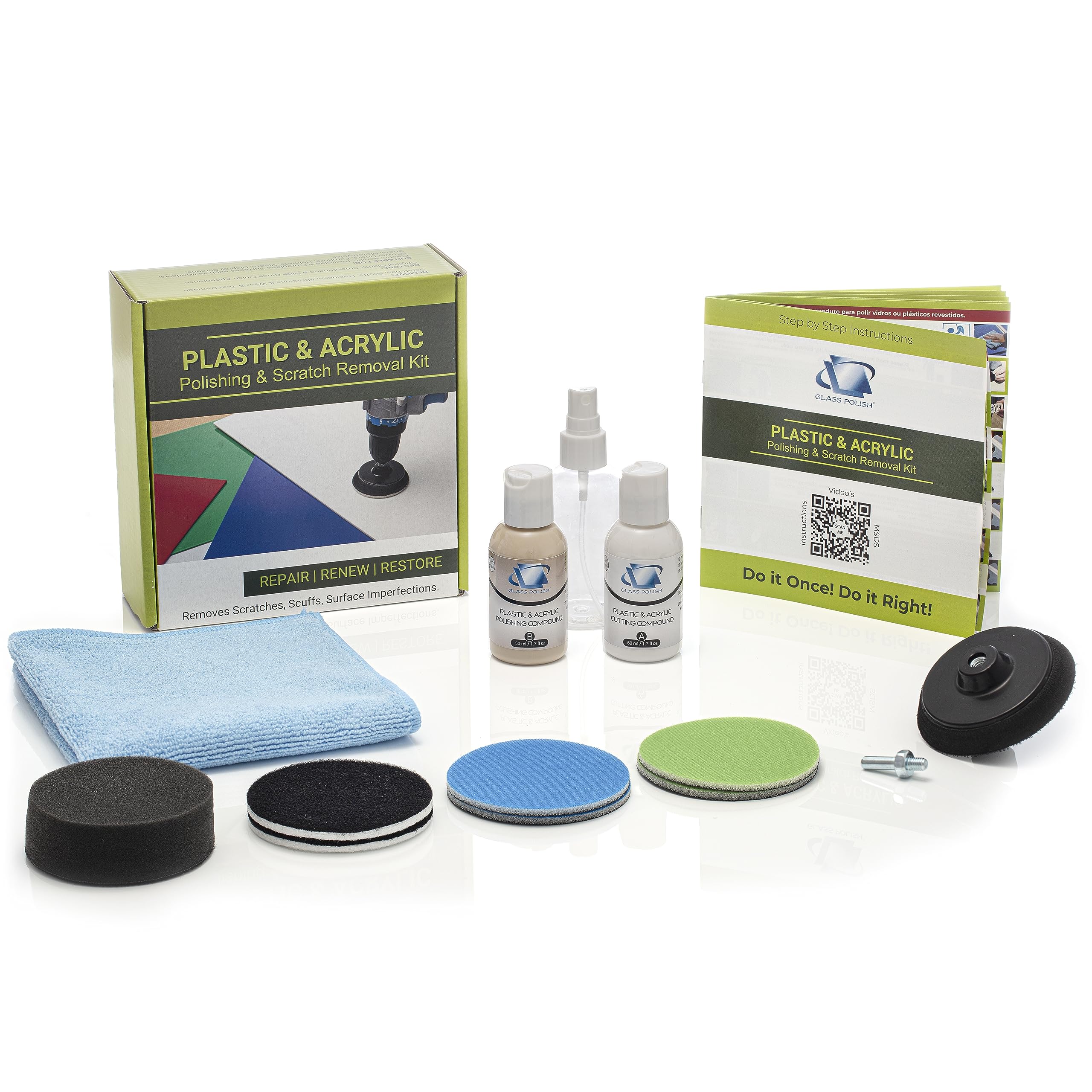 Glass Polish (75mm) Plastic & Acrylic Polishing and Scratch Removal Kit - Ø 75mm with Drill Attachment - GP31007