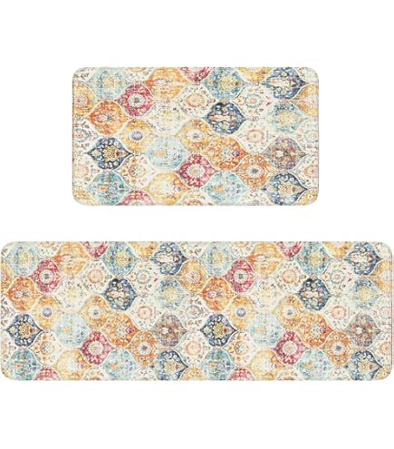 Modern Blue Art Kitchen Rugs 2 Piece Set Non Skid, Washable Turquoise And Grey Art Painting Rugs For Kitchen Floor, Oil Painting Art Home Mats And Rugs For Brightens Indoor,Hallway,Laundry