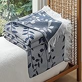 NIDITW Boho Leaves Muslin Blanket 80x92 Inches 100% Cotton Cooling Breathable for Hot Sleepers Lightweight Summer Throw with Tassels for Bed Couch Sofa Picnic (Leaf Navy Blue, 80"x92")
