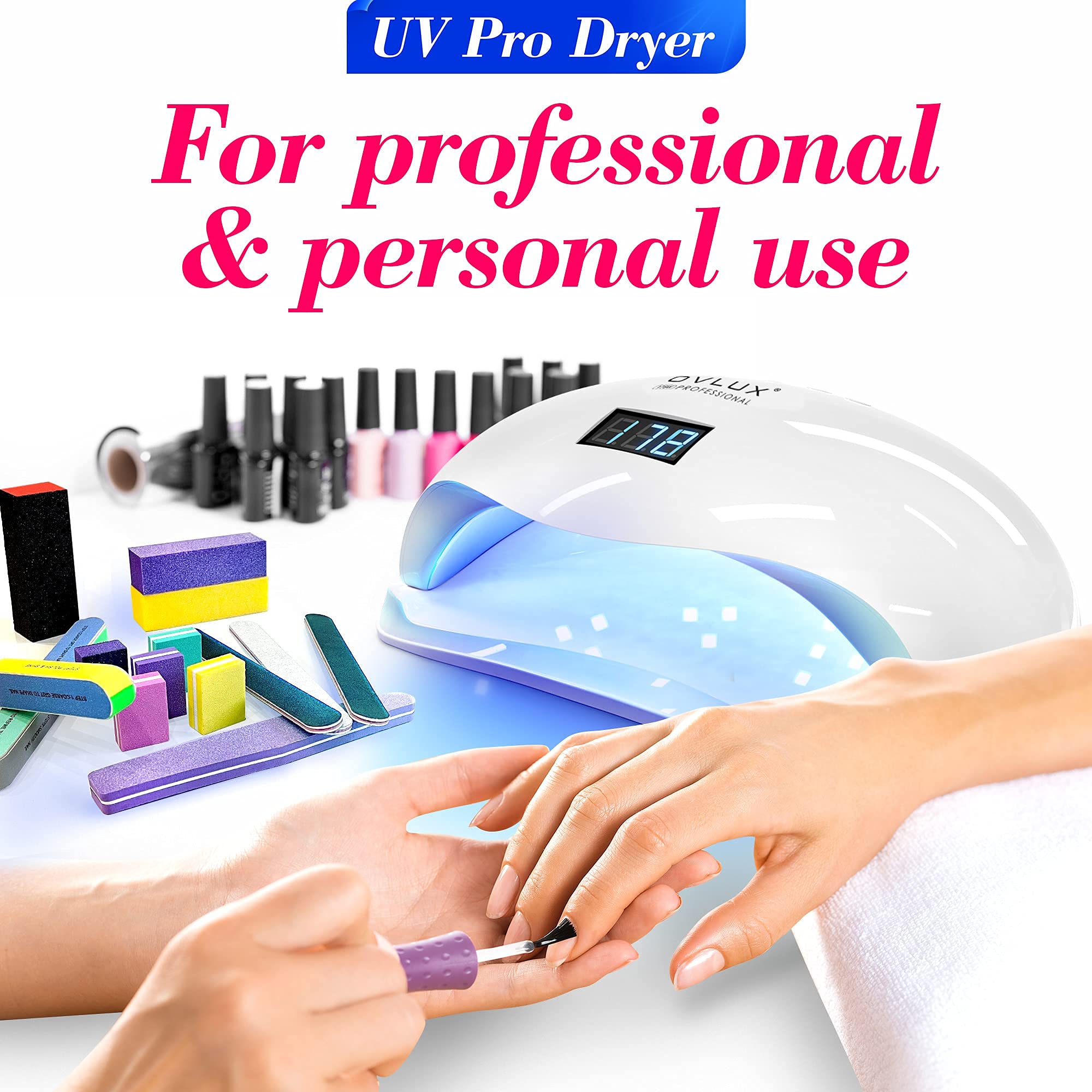 OVLUX 180W Professional UV LED Nail Lamp with Adapter – Fast Nail Dryer for Gel Polish, 57 LEDs, Auto Sensor, LCD Display & 4 Timers – Cures Fingernails & Toenails