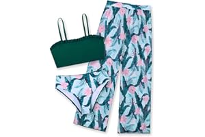 Vogseek 6-16T Girls 3 Pieces Bikini Bathing Suit with Rash Guard Pants Quick Dry Swimwear Cover-Up Sets