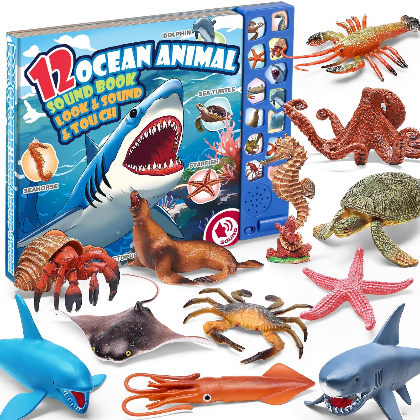 Photo 1 of 12Pack Ocean Animal Toy for Kid with Sound Book(On/Off), Gift Box, Realistic Sea Creature Figure, Educational Plastic Under the Sea life for Toddler, Birthday Party Favor, Water Table Toy for Boy Girl