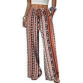 Sampeel Wide Leg Pants for Women Flowy Palazzo Drawstring Elastic Waist Trousers with Pockets Summer Beach Vacation Clothes