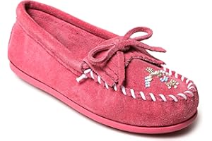 Minnetonka Children’s Thunderbird “Animikii” Hardsole - Moccasins for Kids with a Classic Leather Moccasin Silhouette, Cushioned Footbed, and Beaded Moccasin Design