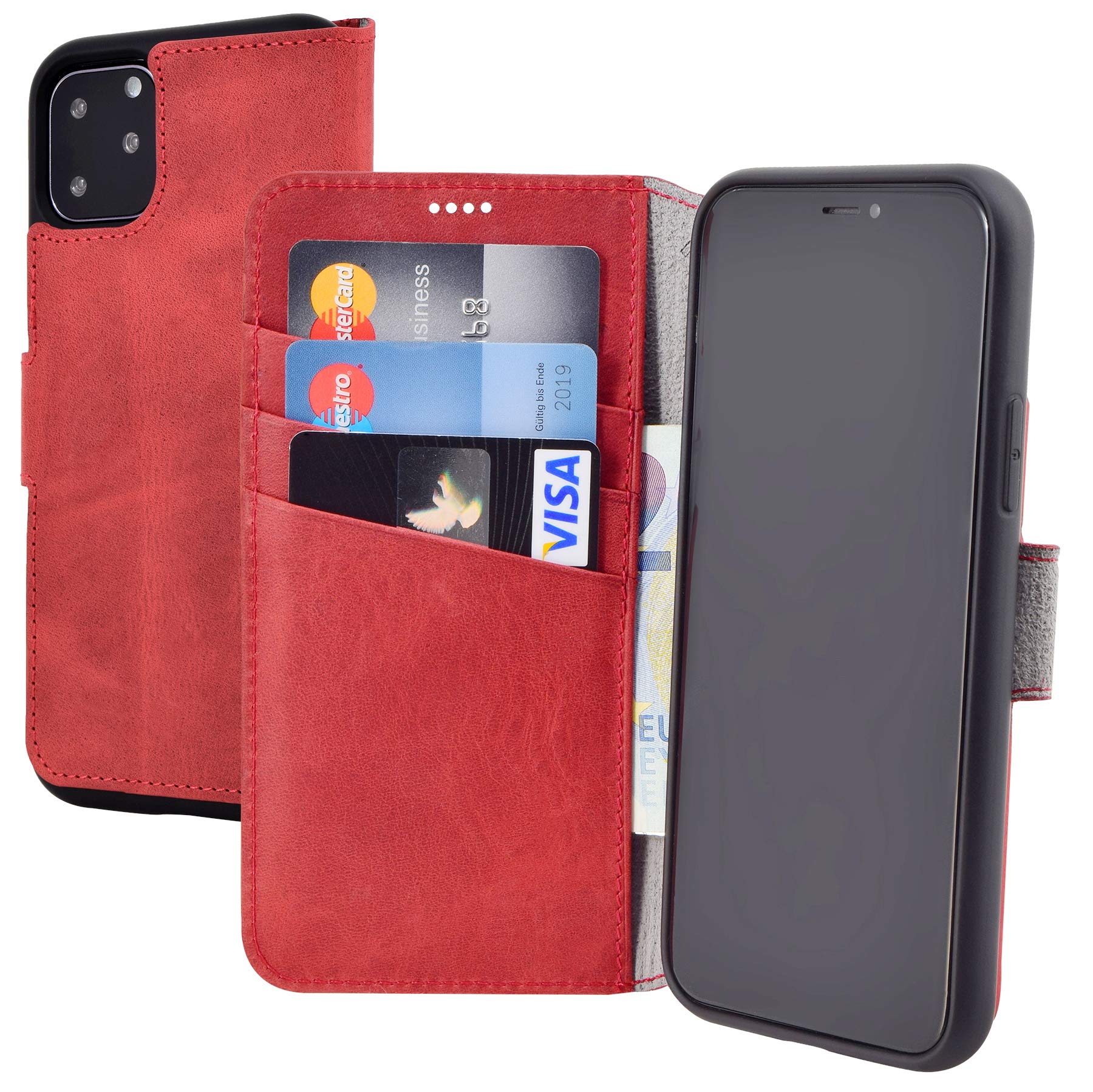 Suncase Book-Style Case Compatible with iPhone 11 Pro Max (6.5 Inch) Leather Case (Slim Fit) Leather Mobile Phone Case Protective Case with 3 Card Slots in Antique Red