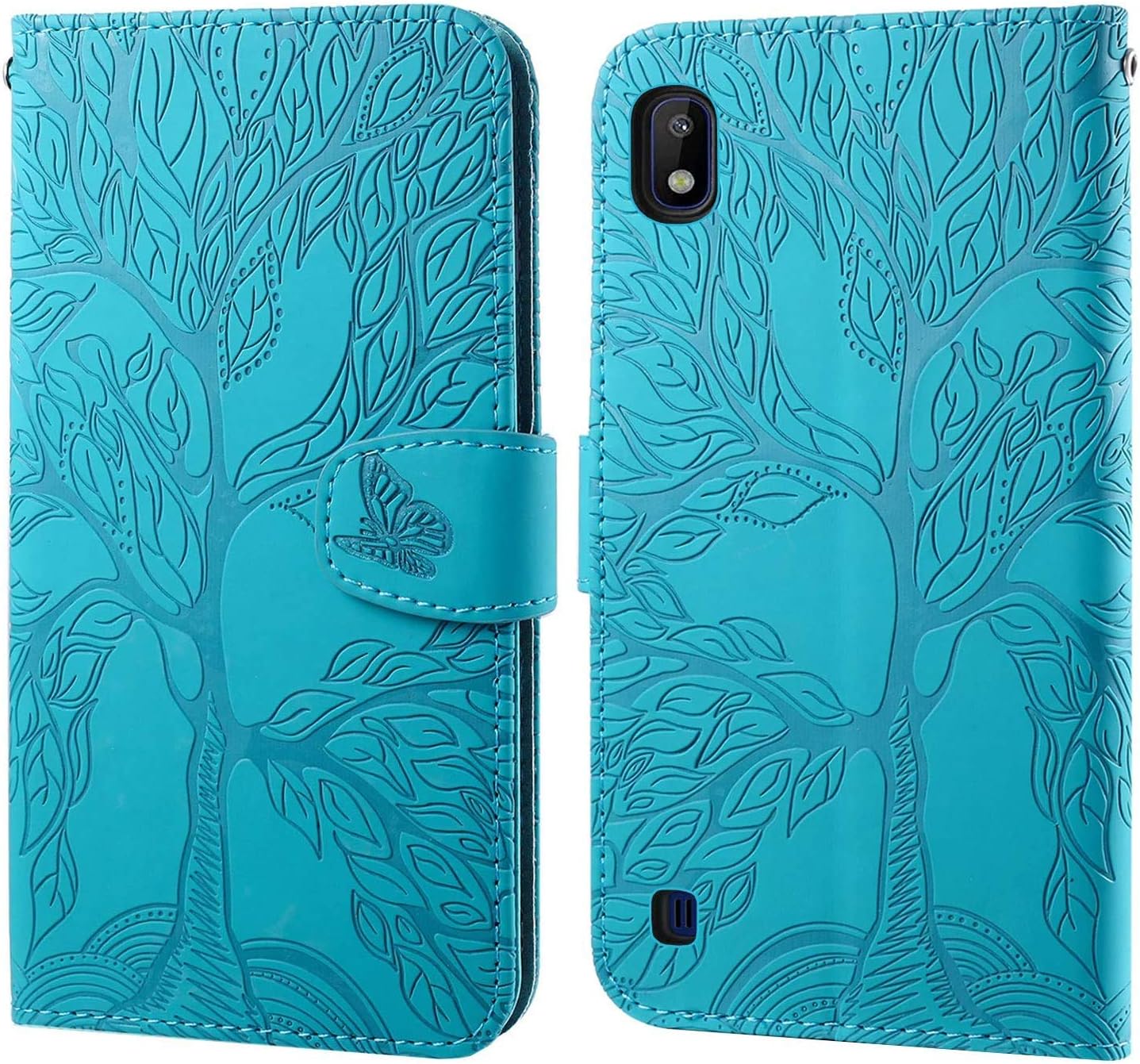 Annuo Wallet Case for Samsung A10/M10(6.2") Leather Case Shockproof Magnetic Kickstand Slim Butterfly Flip Phone Case for Samsung Galaxy A10/M10(6.2") Wallet Case with Card Holder Strap Blue