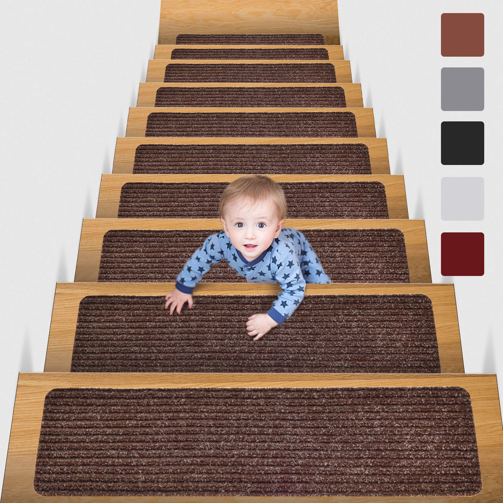 MBIGM 8" X 30" (15-Pack) Non-Slip Carpet Stair Treads Non-Skid Safety Rug Slip Resistant Indoor Runner for Kids Elders and Pets with Reusable Adhesive, Brown