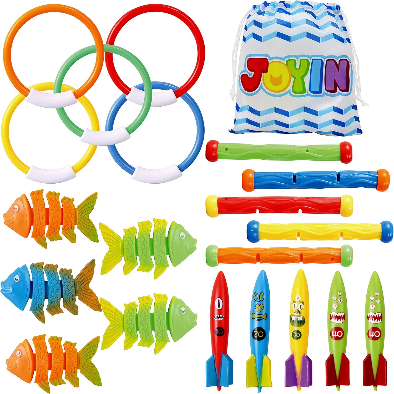 JOYIN 20 Pcs Diving Pool Toys Set with Bonus Storage Bag Includes 5 Diving Sticks, 5 Diving Rings, 5 Toypedo Bandits, 5 Diving Fish Toys, Underwater Sinking Swimming Pool Toy for Kids: Toys & Games