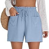 Locoowai Women's Linen Casual Shorts High Waist Drawstring Elastic Ruffle Waist Loose Summer Short with Pockets