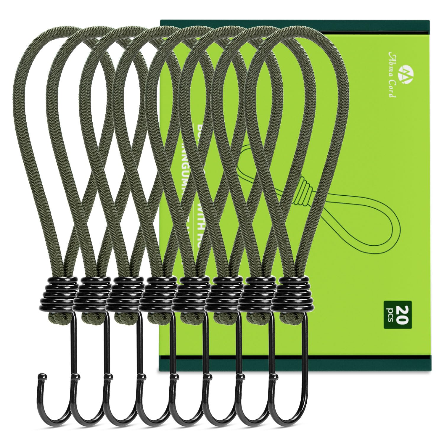 Abma Cord Bungee Cords with Hooks 20cm 20Pcs Small Bungee Ropes with Hooks Elastic Bungee Loops for Tarpaulin, Tent, Camping, Banners, Fixing - Army Green