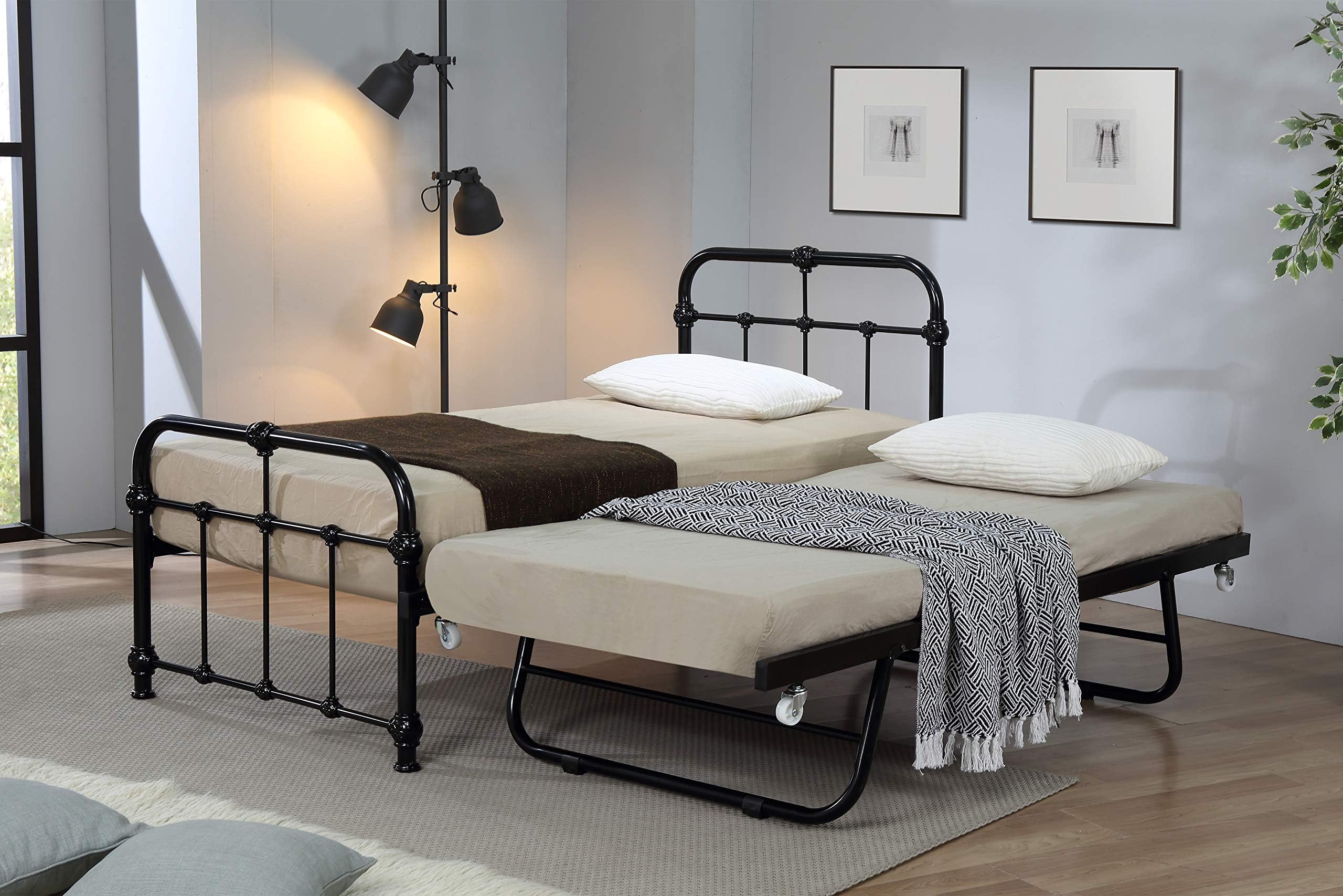 ROYALE COMFORT Mandy Hospital Style 3FT 3 in 1 Guest Bed Frame with Trundle Black Cream Single Metal Bedstead (BLACK)