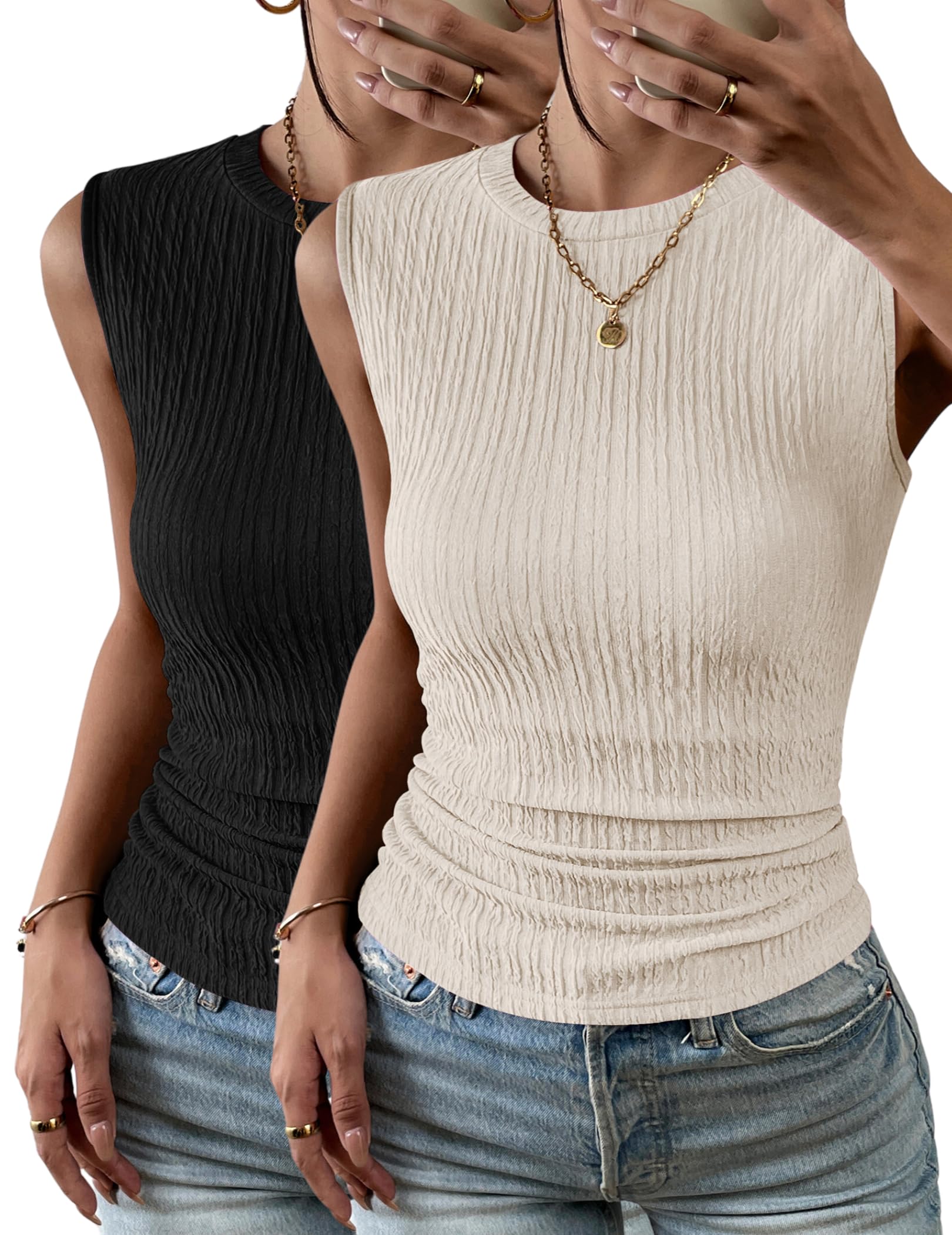 Photo 1 of 1pcs only---Zeagoo Women's High Neck Slim Fitted Basic Tank Top Knit Textured Sleeveless Blouses