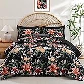 Drucon Queen Comforter Set - 7 Pieces Black Floral Soft Bedding Sets, Queen Bed in a Bag with Botanical Flowers Comforter, Sheets, Pillowcases & Shams