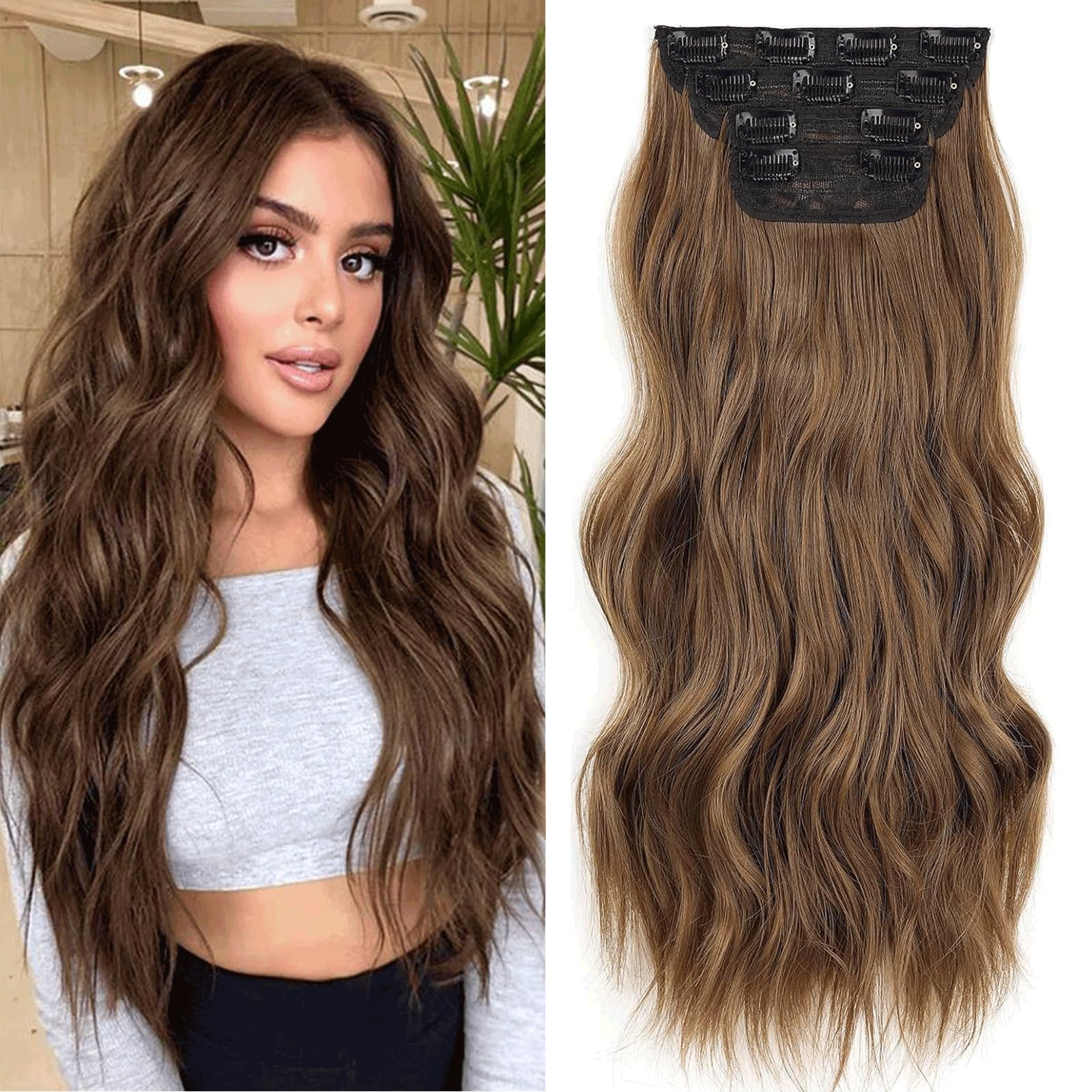 Xtrend 16Inch Wavy Clip In Hair Extensions - Full Head Set, Thick Curly Synthetic Wavy Hair Pieces (4PCS, 89#) — image 1