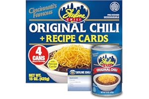 Skyline Chili Canned Chili 15 oz Cans (4-Pack) – Authentic Cincinnati Chili, Ground Beef, No Beans, Chili Dog Sauce, Hot Dog Chili – Includes Recipe Card for Chili Dip, Tater Tots & Pizza, and More