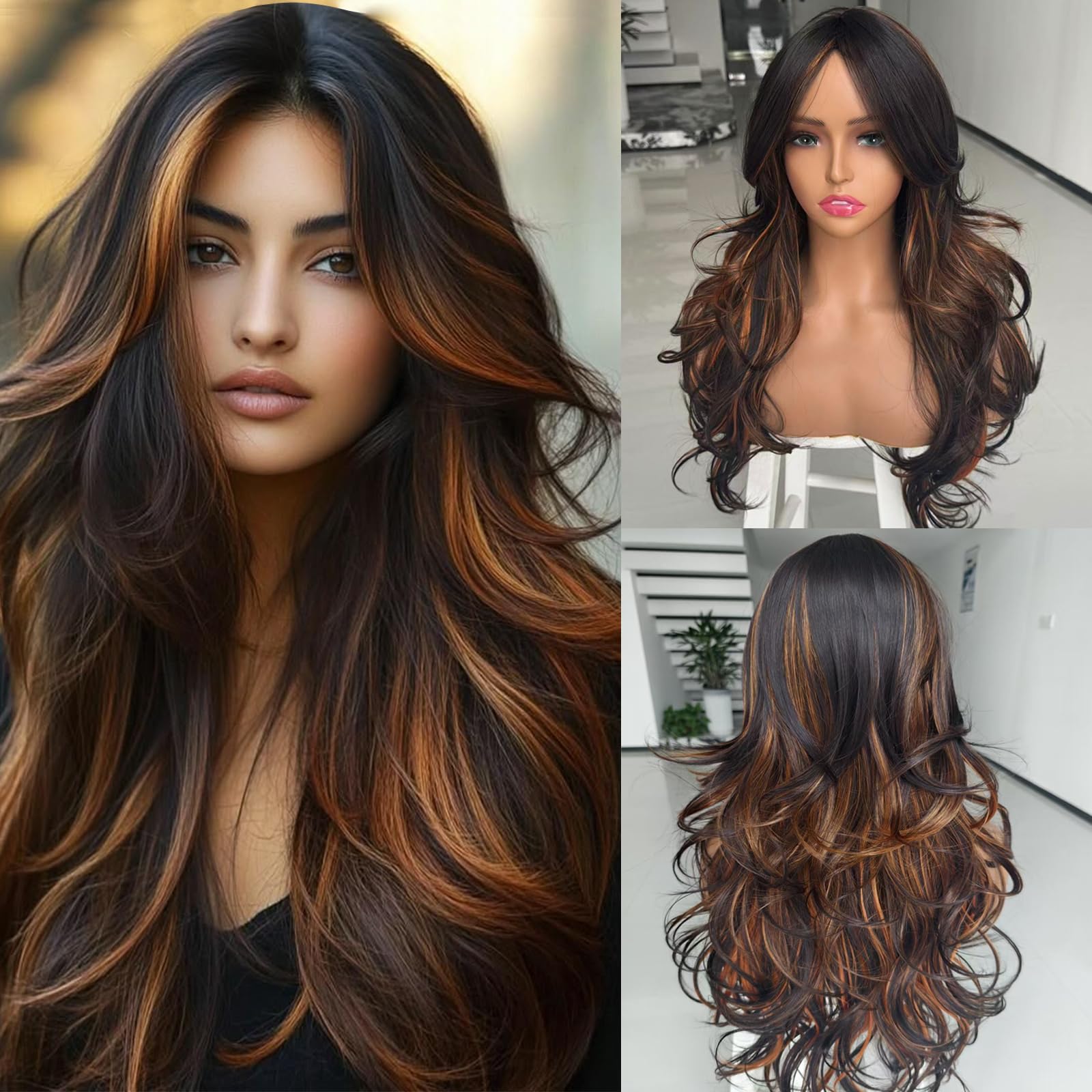 Photo 1 of Highlight Brown Mixed Natural Black Wavy Wig Long Layered Wig with Curtain Bangs for White Balck Women,Synthetic Honey Brown Mixed Blonde Layered Wavy Shaggy Wigs for Women 24inch