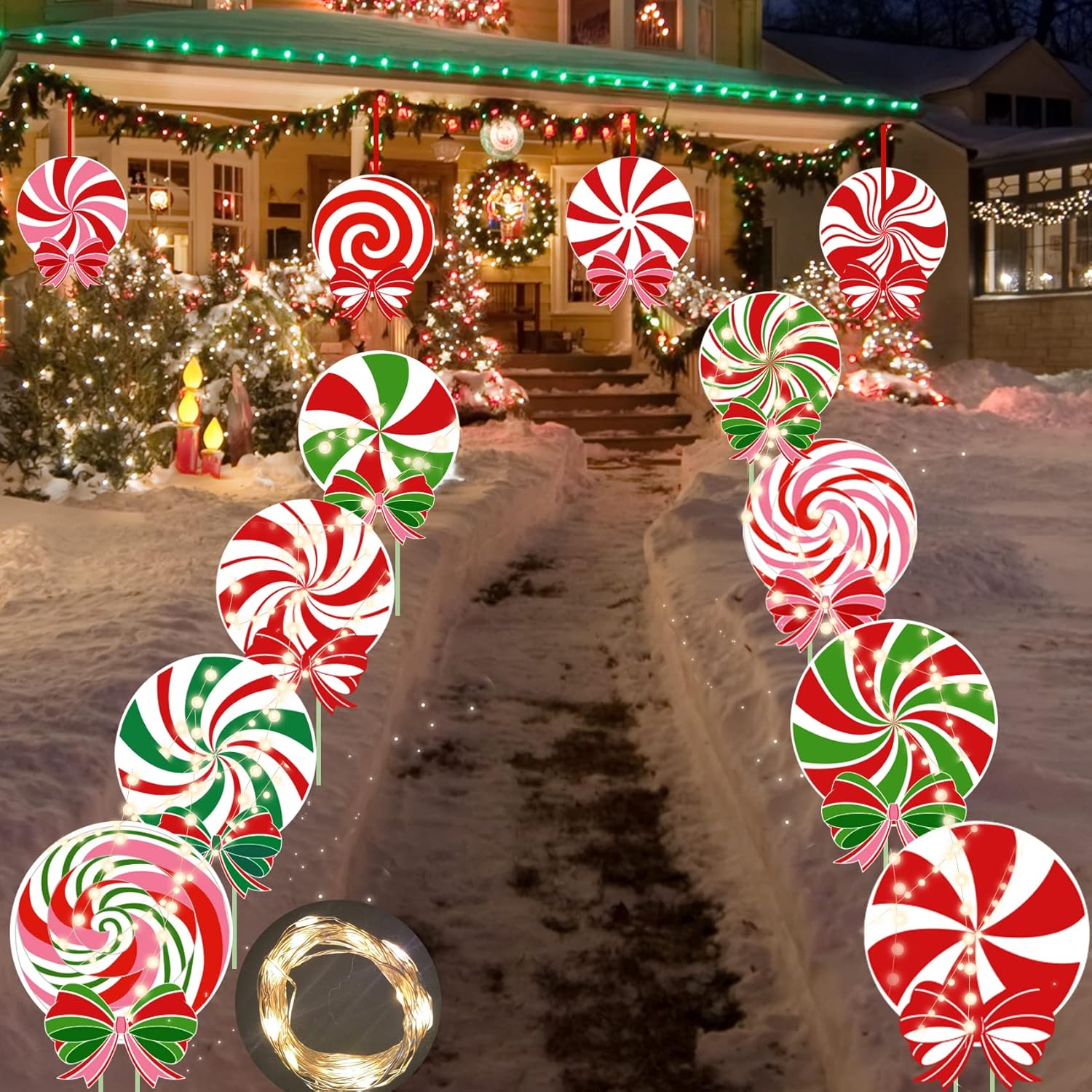 Yard Signs - 12 PCS Christmas Outdoor Yard Signs Candy Decorations Outdoor Peppermint LED Lights Xmas Yard Stakes Hanging Ornaments Holiday Garden Sign Cardboard Signs for Party Porch Lawn Walkway Decor