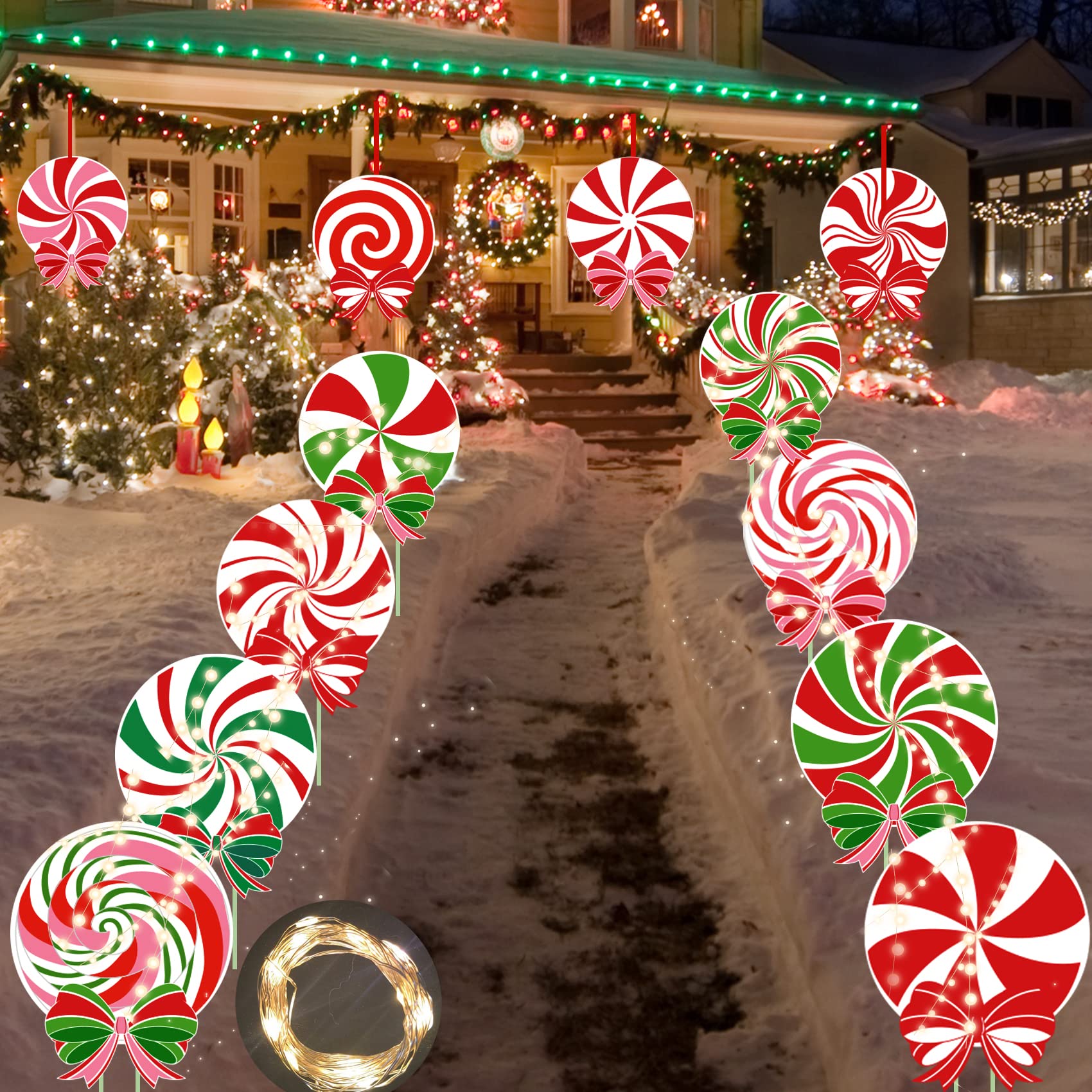 Photo 1 of 12 PCS Christmas Outdoor Yard Signs Candy Decorations Outdoor Peppermint LED Lights Xmas Yard Stakes Hanging Ornaments Holiday Garden Sign Cardboard Signs for Party Porch Lawn Walkway Decor