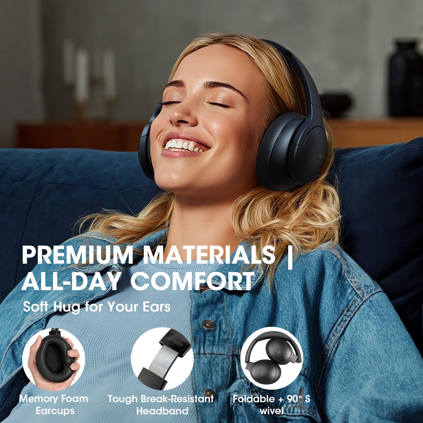 DOQAUS Over Ear Bluetooth Headphones Wireless, 90H Playtime, BT 5.4, 9 EQ Modes, HiFi Deep Bass, Movie & Sleep Mode, White Noises w/App Control, Memory Foam Cups for Travel, Gym, Workout, PC, Phone
