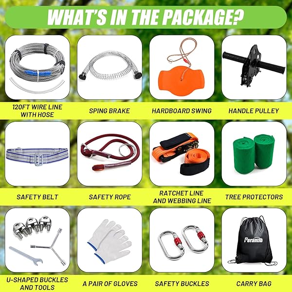 ZIPLINE FOR BACKYARD KIDS AND ADULTS,ZIPLINE KITS FOR BACKYARD WITH 120FT CABLE,6FT ZIPLINE SPRING BRAKE AND BELT,ZIP LINE TROLLEY WITH HANDLE,SEAT AND BAG