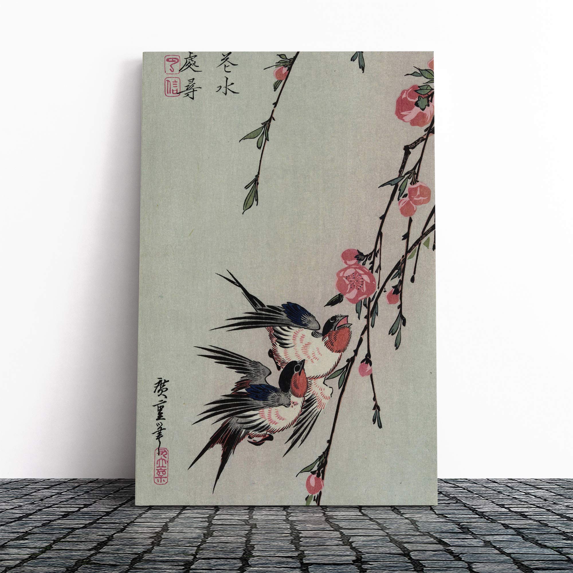 Hiroshige Japanese Oriental Moon Swalls Peach Blossoms Canvas Print | Gallery Wrapped 30mm Frame Wall Art | 20x14 inches | Ready to Hang | Asian Space Picture | Living Room Bedroom Lounge Office