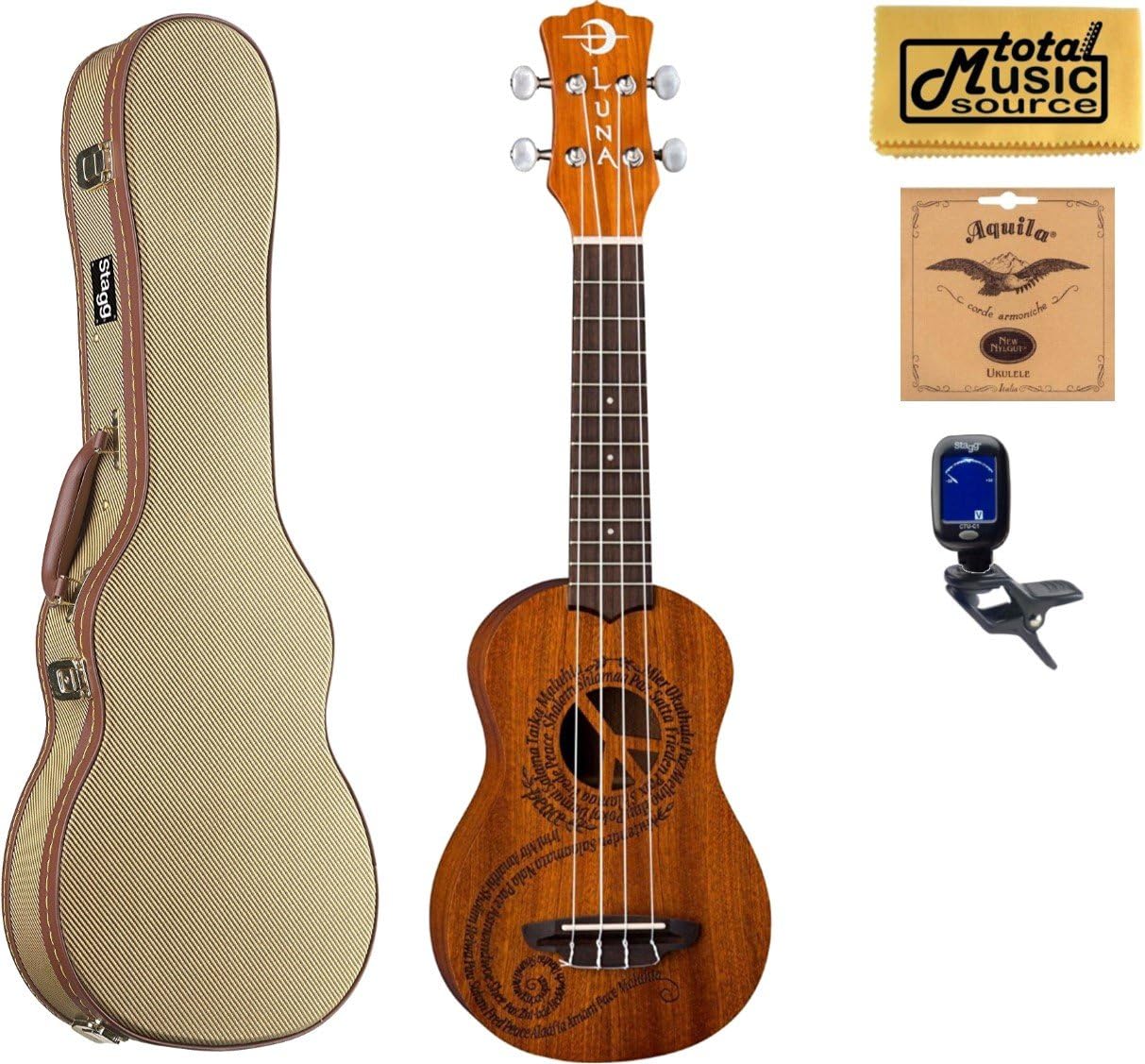 Luna Guitars Maluhia Peace Soprano Ukulele, Hard Case Bundle, UKE MALU S