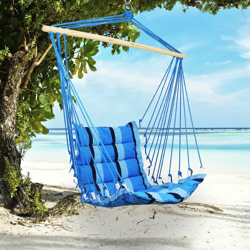 Holifine Hanging Chair Hammock Swing Seat Cotton and Polyester 100 x 50 cm for Indoor or Outdoor Spaces Load Capacity of 100 kg / 220 lbs - Blue Stripes