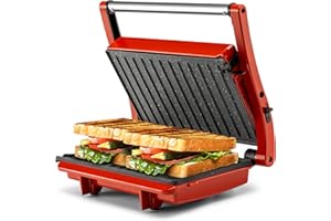 Pukomc Panini Grill Press Sandwich Maker, Panini Press with Locking Lid and Indicator Lights, Mini 2-slice Panini Press, Grilled Cheese Maker, Opens 180 Degrees for Any Size, Cool Touch Handle, Red