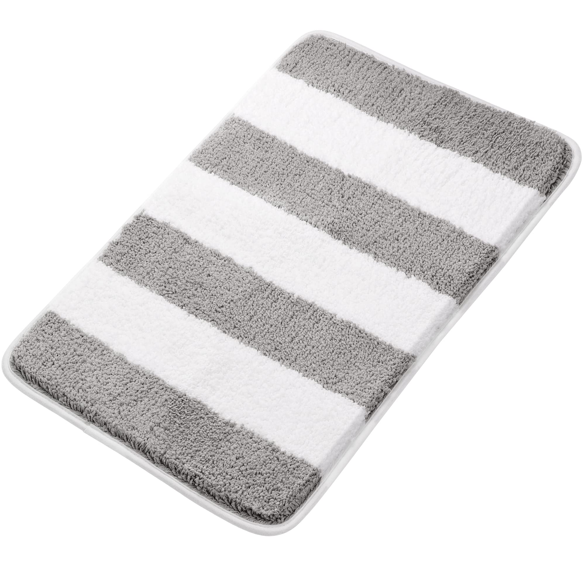 PiccoCasa White & Grey Non Slip Bath Mat, 50x80 Cm Microfiber Bath Mat for Floor, Soft & Super Absorbent, Machine Washable Striped Bathroom Rug