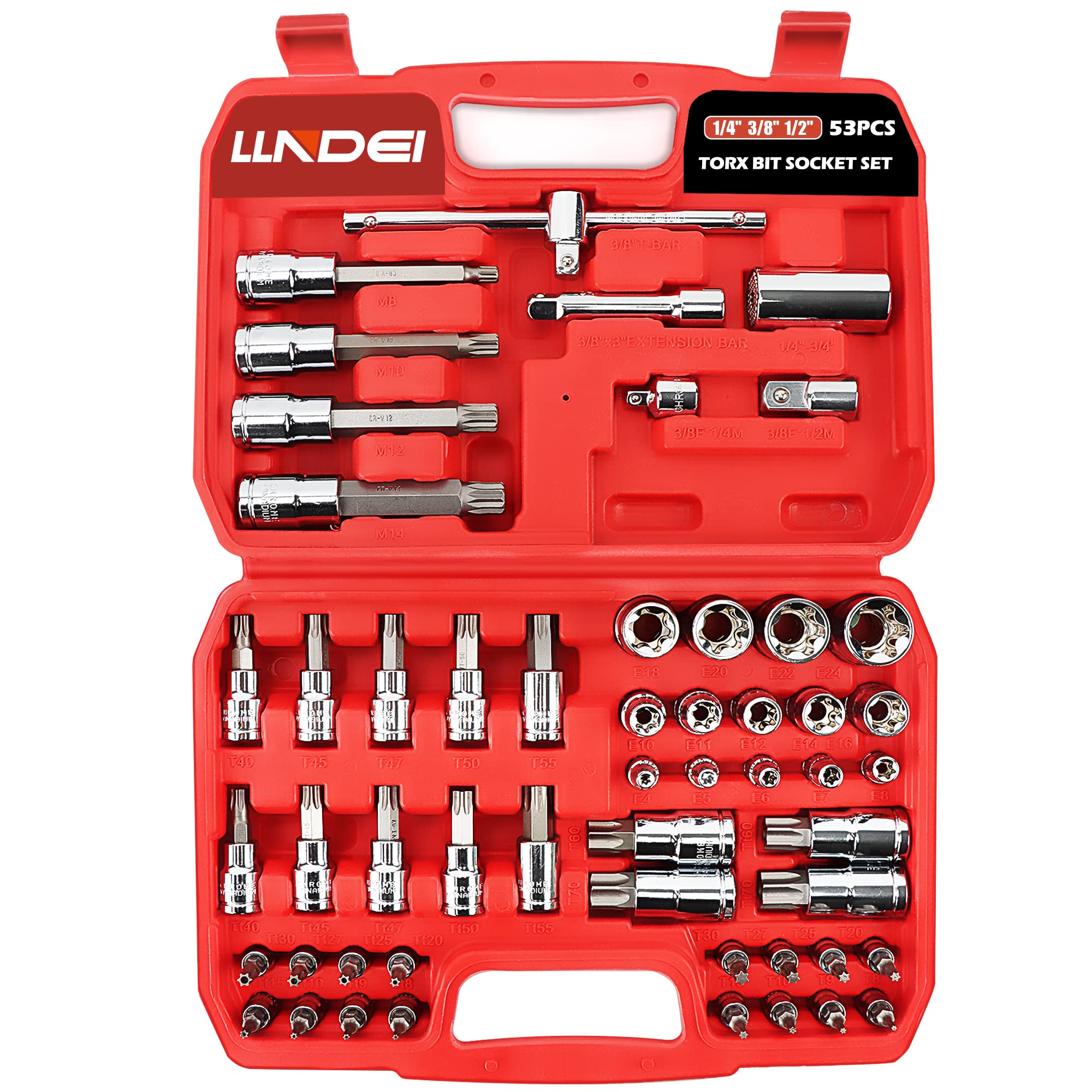 Photo 1 of LLNDEI 53PCS Master Bit Socket Set 1/4 3/8 1/2-Inch and External Torx Sockets?Dr. 6p |Tamper Proof |E-Torx|Extra Long Spline Tip|Universal Socket,CR-V(T8-T70, TT8-TT70, E4-E24, M8-M14)