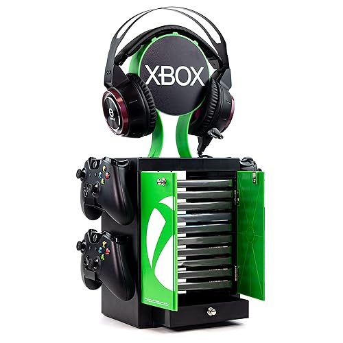 Numskull Official Xbox Series X Game Storage Locker, Headphone Stand and Controller Holder - Stores 10 Games or Blu-Ray Disc Cases, 4 Xbox Controllers
