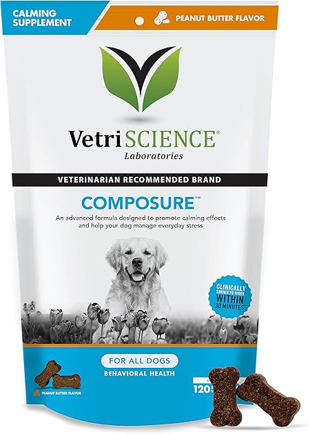 Amazon Com Vetriscience Laboratories Composure Calming Support For Dogs Naturally Sourced Chews120 Peanut Butter Flavored Bite Sized Chews Pet Supplies