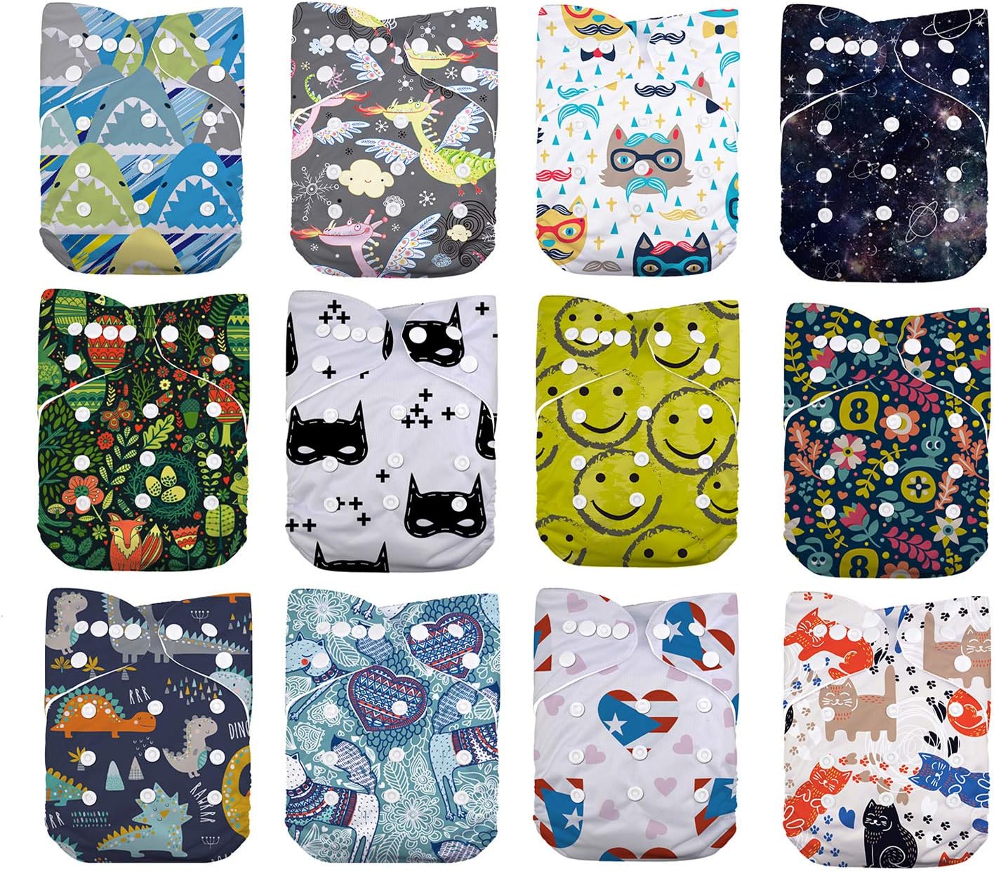 LilBit Baby Cloth Diapers,One Size Adjustable Reusable Pocket Cloth Diaper 12pcs Diapers + 12pcs Charcoal Bamboo Inserts+1 Wet Bag, (color3)