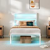 CLIBFENG Twin Bed Frame with Headboard,Heavy Duty Steel Slats Support-LED Bed Frame with USB Charging Station,Mattress Foundation-Under Bed Storage,No Box Spring Needed,Noise Free,White
