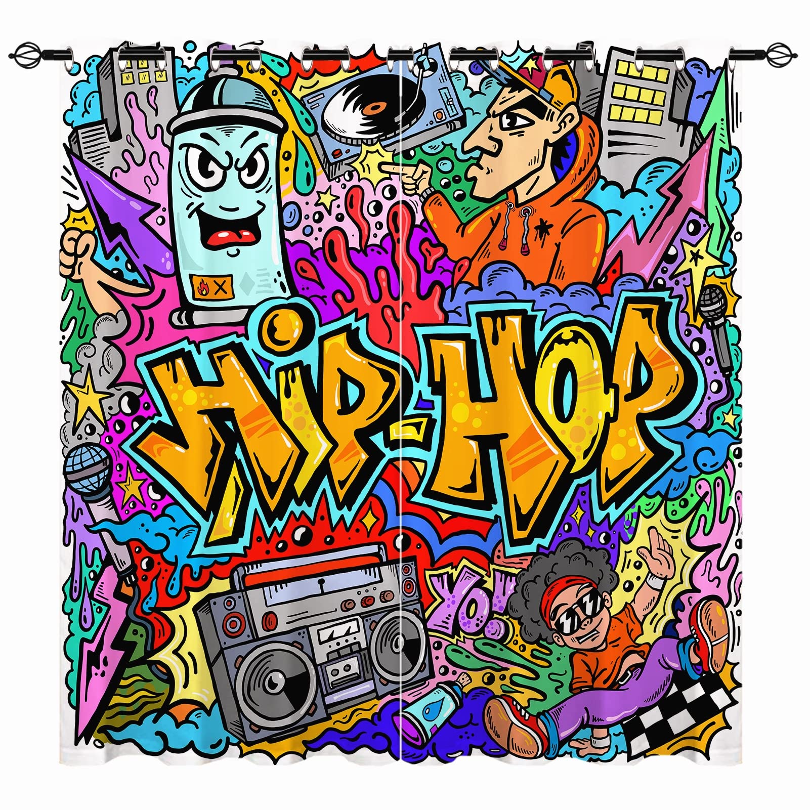 YUANZU Hippie Curtains - Kids Colorful Hip Hop Graffiti Doodle Print Pattern Eyelet Blackout Thermal Insulated & Room Darkening Window Drapes for Boys Teens Bedroom Playroom 2 Panels W117cm x D137cm — image 1