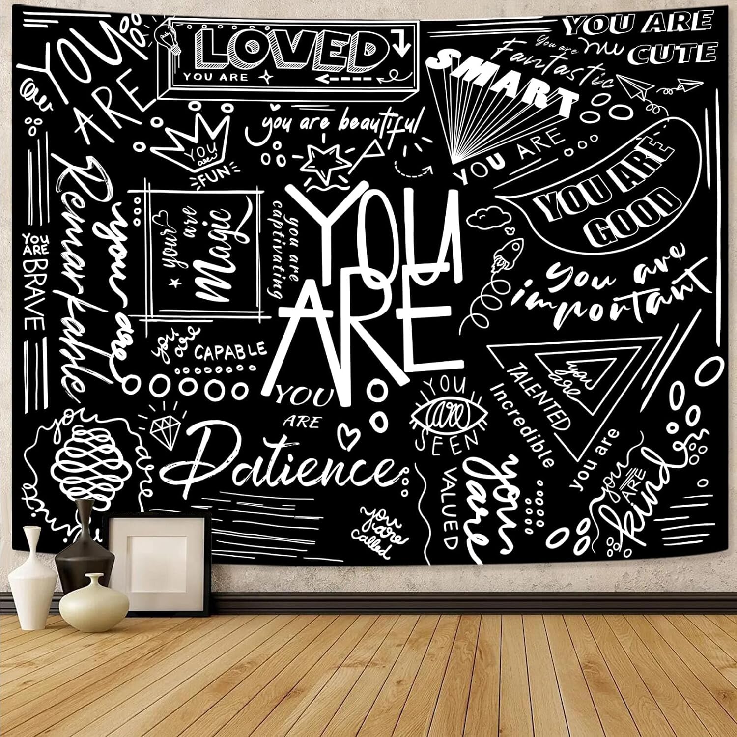 Tapestries - Fungarth Quote You Are Tapestry Black and White Classroom Kids Tapestries Wall Hanging Inspirational Positive Saying Aesthetic Tapestry for Bedroom Living Room Dorm (Black, 60