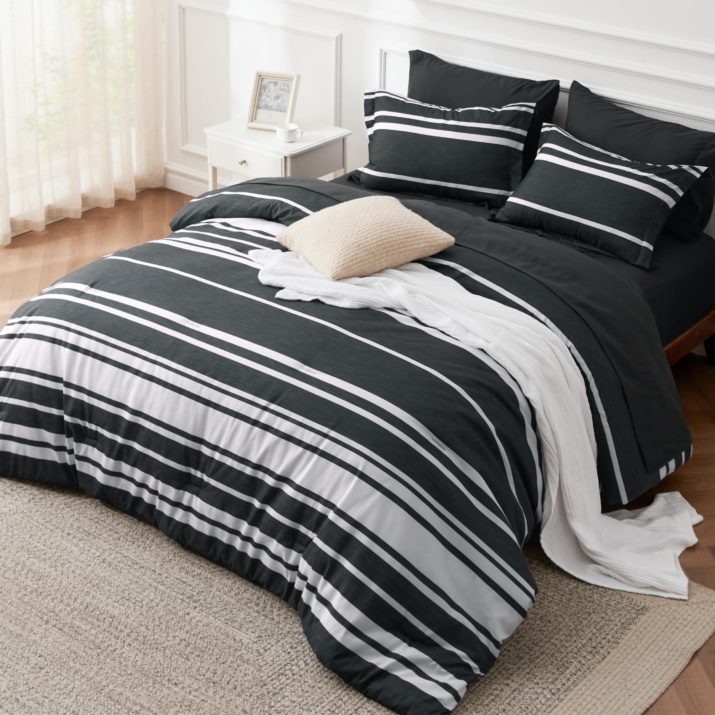 Photo 1 of Bedsure Full Comforter Set 7 Pieces, Black Striped Bedding Set for All Seasons, Reversible, Cationic Dyeing Bed in a Bag with Comforter, Sheets, Pillowcases & Shams