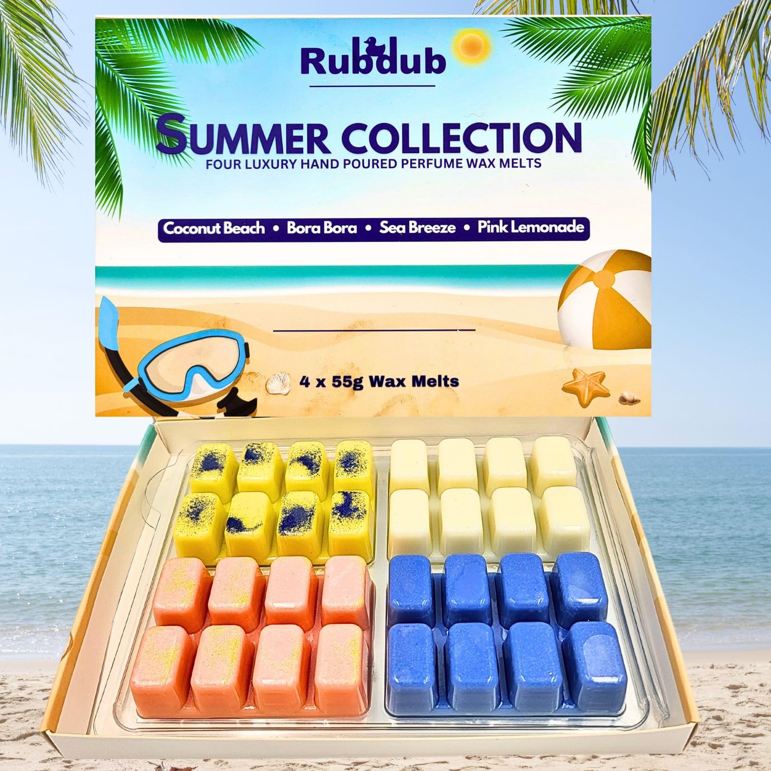 Rubdub Summer Wax Melts Gift Set – 4 x 55g XL Soy Wax Melts (220g Total) – Bora Bora, Pink Lemonade, Sea Breeze, Coconut Beach – Strong Scented & Handmade in Kent