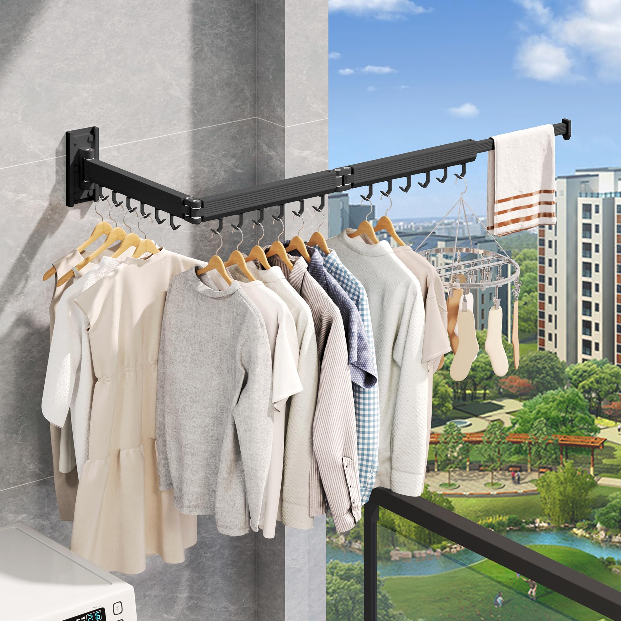 CHAHUANV Wäscheständer Wandmontage ausziehbar & klappbar, platzsparender Wand Wäscheständer aus Aluminium, Wand Wäschetrockner für Bad, Balkon & Waschküche, Schwarze Haken 5