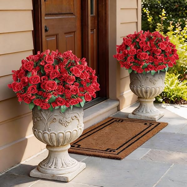 JUXDP 8 BUNDLES 17″ ARTIFICIAL ROSES, REALISTIC SILK BOUQUET FLOWER(RED)