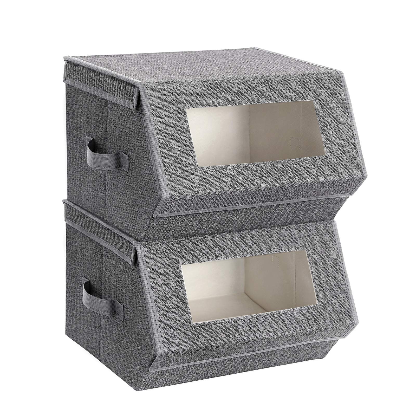 Photo 1 of SONGMICS Stackable Storage Bins Set of 2, Storage Boxes with Lids and Front Windows, Non-Woven Fabric Closet Organizers with Magnetic Closures, Side Handles, Dark Gray URPLB02G