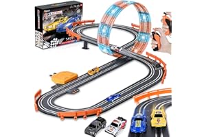SHYLIZARD Slot Car Race Track Sets with 4 Slot Cars, Ideal Birthday Xmas Gifts Toys for Kids Boys Ages 6 7 8-12, Battery or Electric Race Car Track Set with Dual Racing Game, Flash Circular Track, Lap Counter