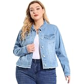 Agnes Orinda Women Plus Size Classic Washed Front Frayed Denim Jacket | Turn Down Collar Long Sleeves Pockets Jean Jackets Western Outfits