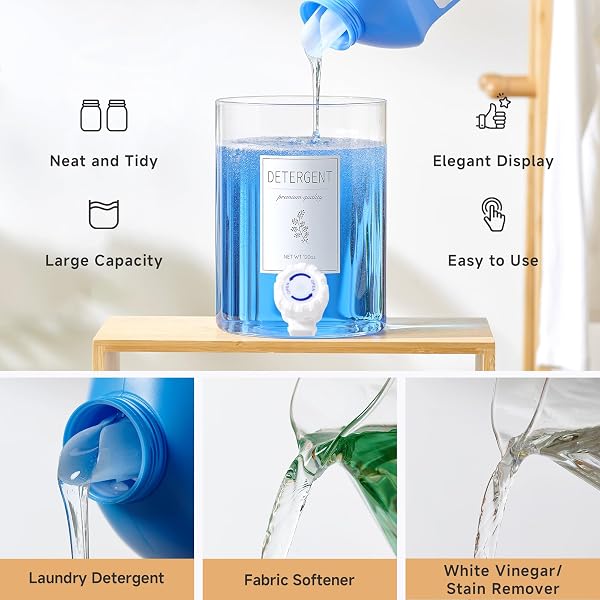 GLASS LAUNDRY DETERGENT DISPENSER WITH SHELF & BAMBOO LID – 120 OZ LIQUID DETERGENT, LAUNDRY SOAP & FABRIC SOFTENER DISPENSER FOR LAUNDRY ROOM ORGANIZATION AND STORAGE WITH 2 CUPS & 8 LABELS