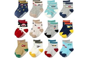 Aroveea Toddler Socks Non Slip Grip Cute Cotton Baby Socks 12 Pack for Toddler Boys Girls Kids