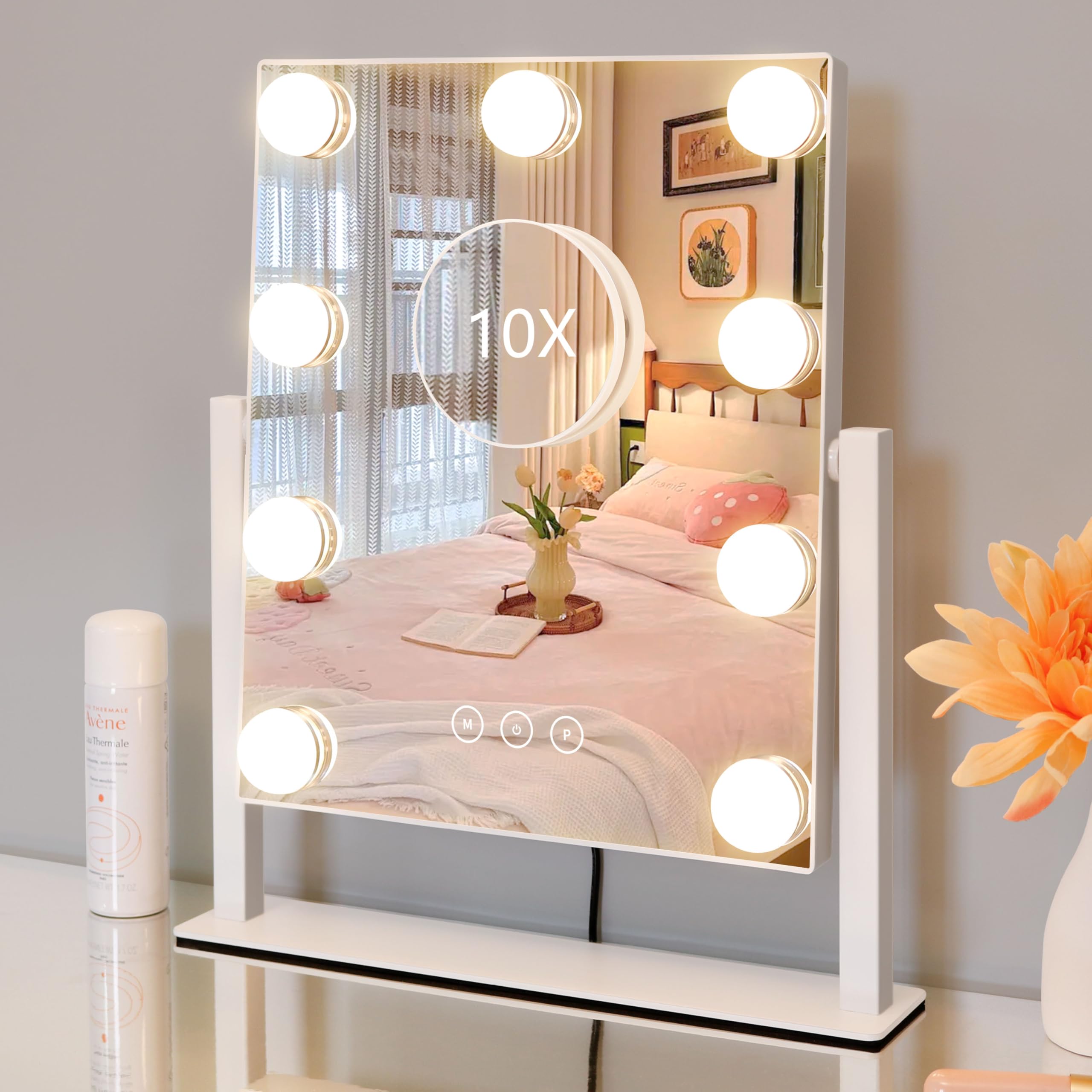 Vanity Mirror with Lights,Lighted Vanity Mirror with 9 Dimmable Bulbs for Dressing Room & Bedroom,3 Color Lighting,Modes Detachable 10x Magnification 360°Ratation(White)