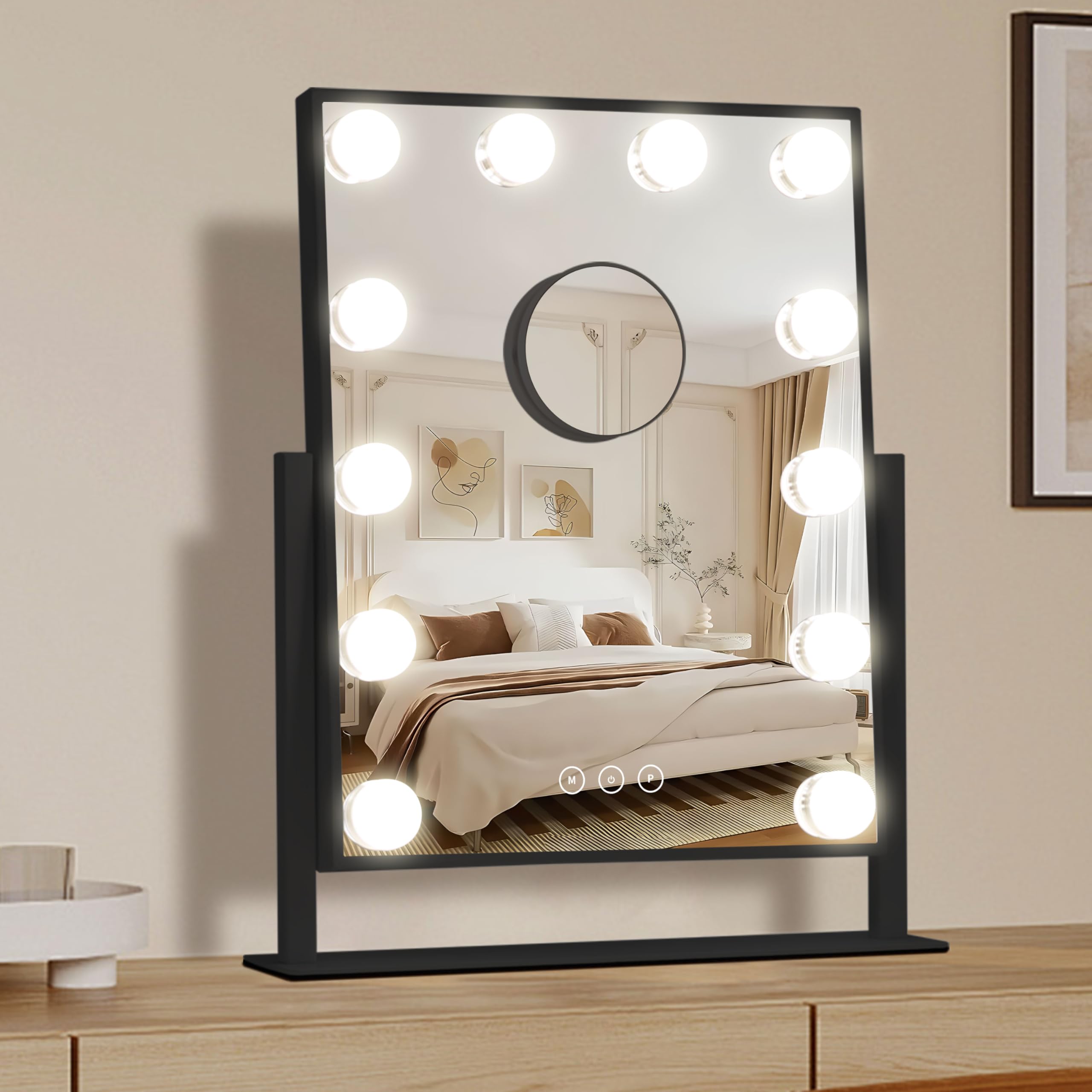 NUSVAN Vanity Mirror with Lights,Makeup Mirror with Lights,3 Color Lighting Modes Detachable 10X Magnification Mirror Touch Control,360°Rotation,White