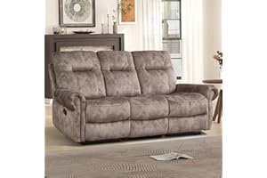 EBELLO Manual Recliner 3 Seat Sofa Couch, Soft Fabric 3 Seater Reclining Couch Chair, Vintage Rivet Mid-Century Design Furniture for Living Room, Meeting Room, Brown